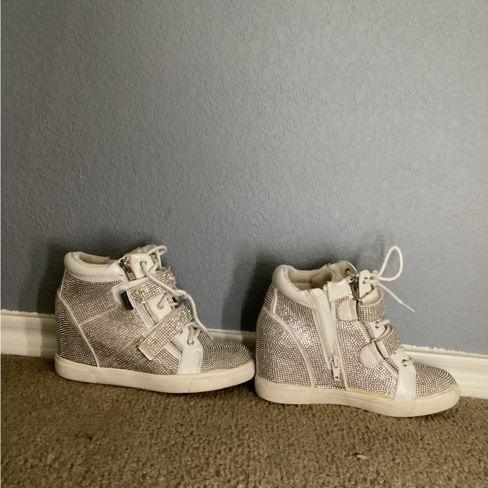 Silver and White bedazzled wedge High-Top Sneakers